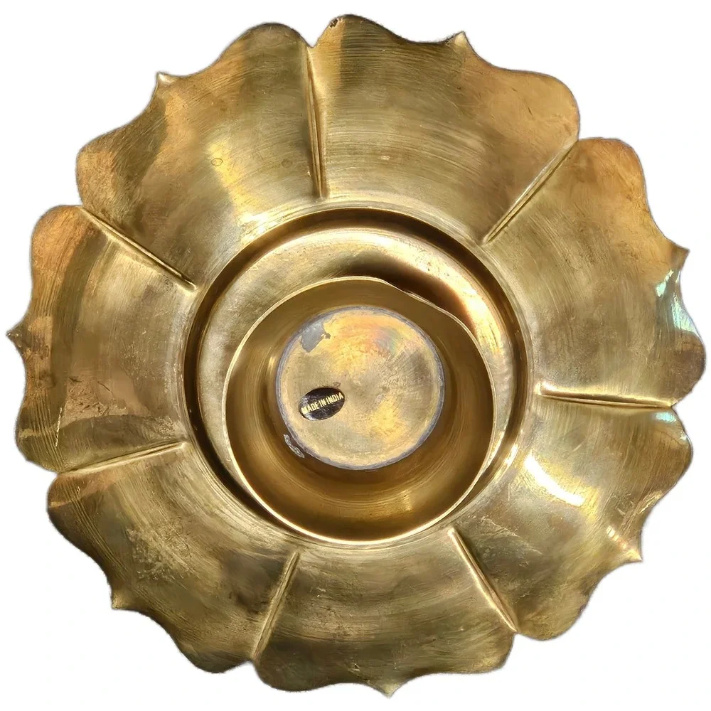 Vintage Brass Lotus Flower Pedestal Decorative Tray Candle‎ Holder Made In India
